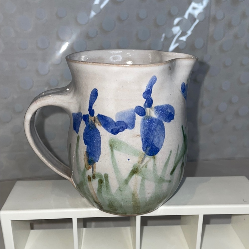Vintage Hand Made pottery creamer pitcher with🍶 blue iris design